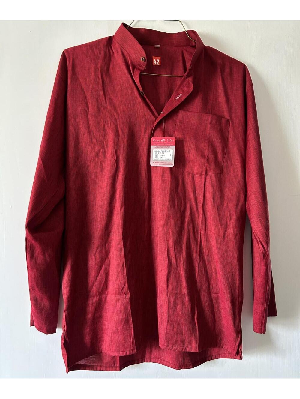 Men's Red Solid Kumaran Silk Kurta Shoulder size 40" Chest 42" Length 31"